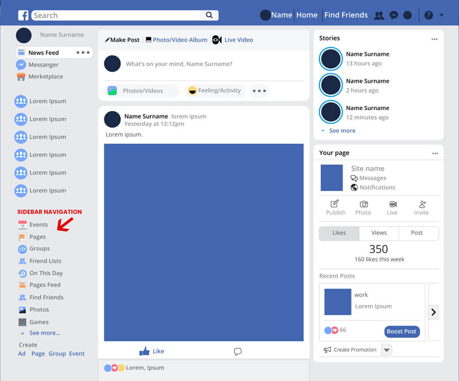 facebook sidebar navigation